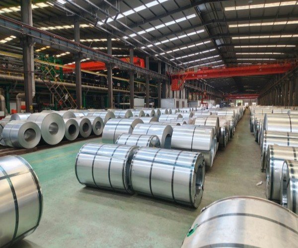 Galvanized steel coils in factory warehouse